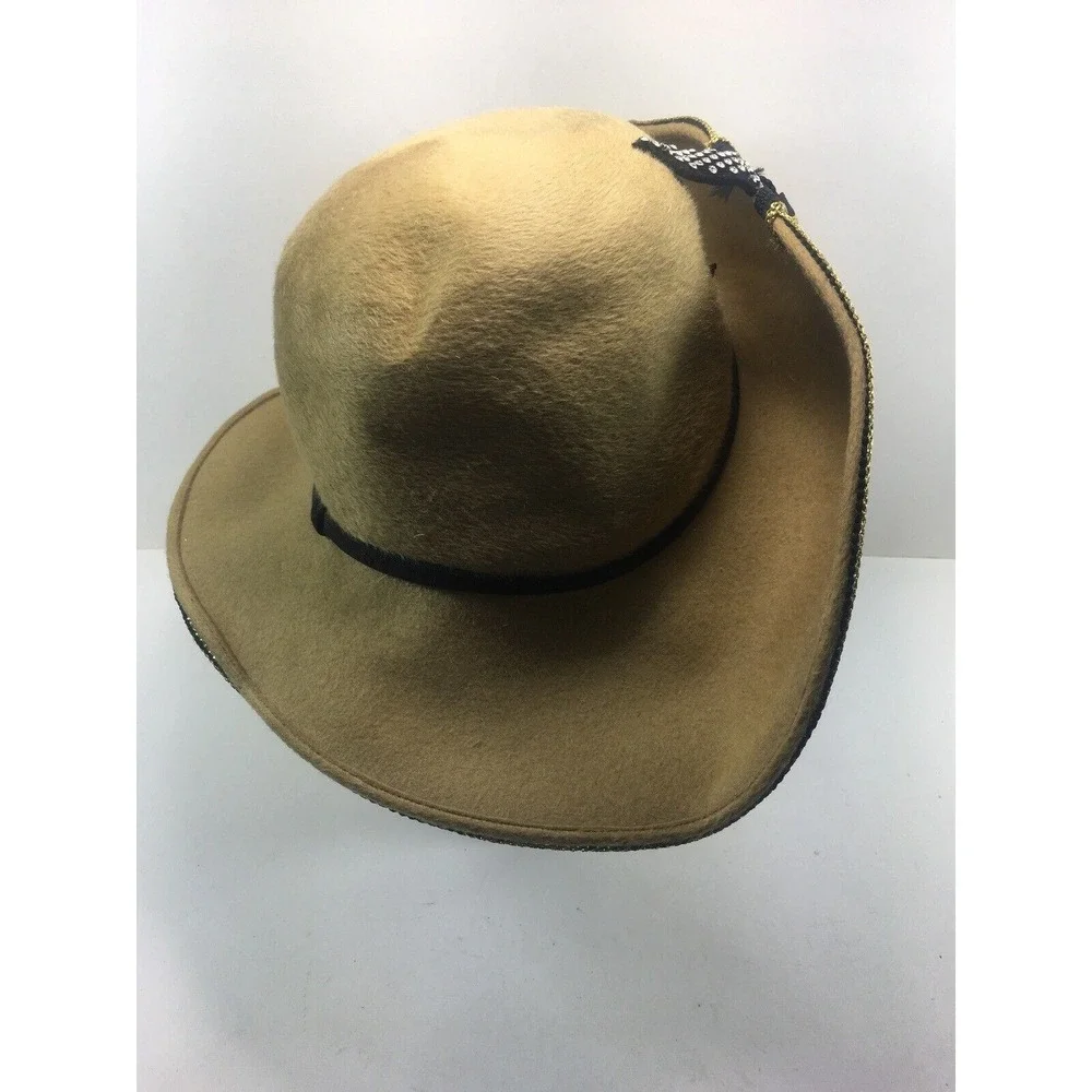 LESLIE JAMES Womens Hat 1950's‎ Vintage Soft Genuine Tan Gold Trim Rhinestones